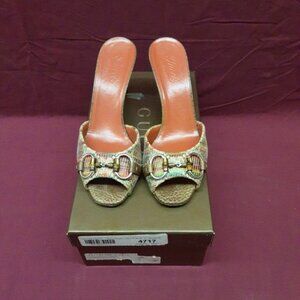 Gucci GG Horsebit Multicolor Open Toe Mules Slides Heels Stilettos 37.5 7.5